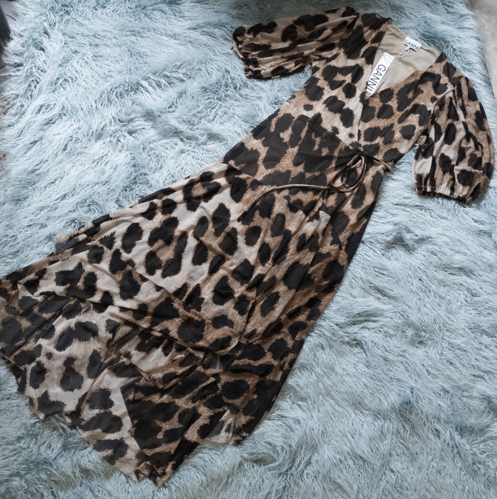 Ganni Leopard Mesh Wrap Dress Size 8 - Picture 2 of 6